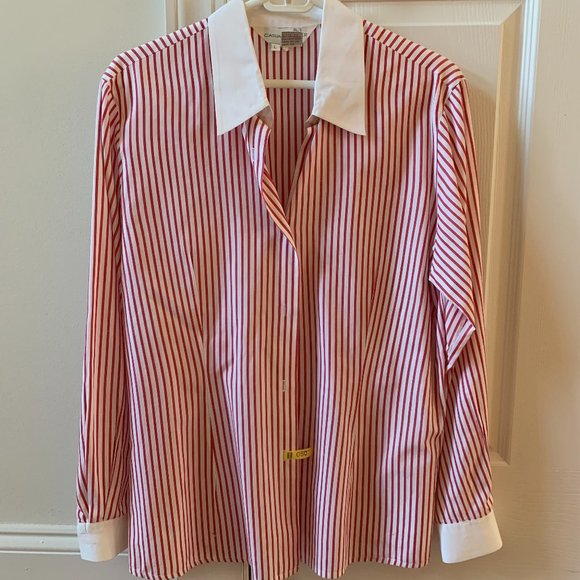 Vintage CASUAL CORNER Red and White Stripe Fitted Shirt, Size L - Picture 1 of 6